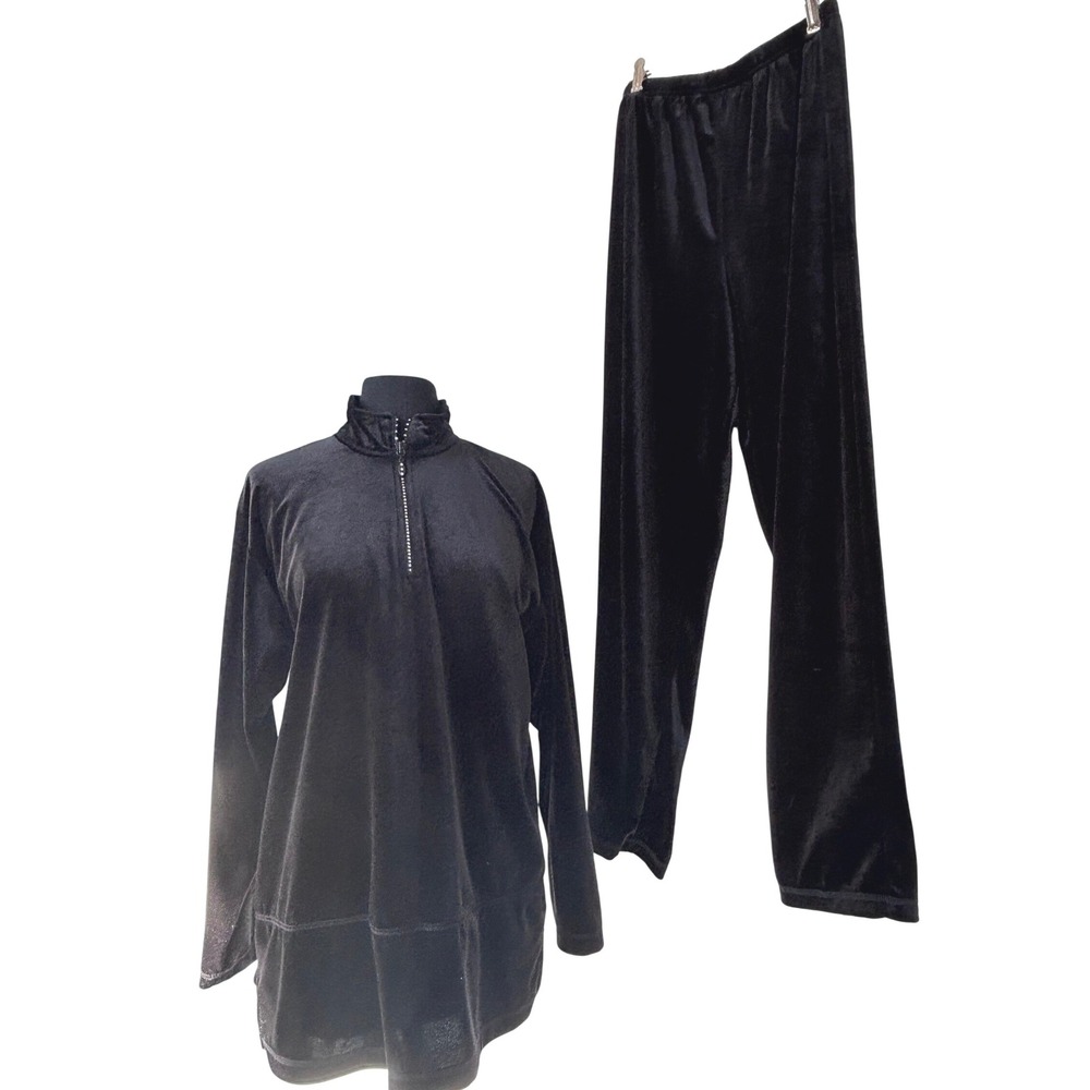 Baxter&Wells Black Velvet Pant Set Rhinestone Mock Neck‎ Lounge Two Piece Outfit
